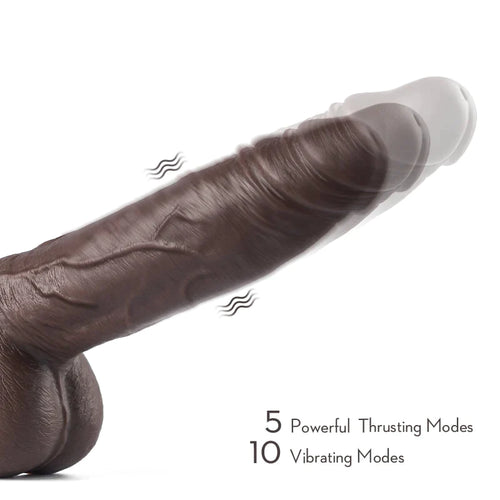 Black Warrior 8.7-Inch Remote Control 5 Thrusting 10 Vibrating Rotating Dildo in Dark Brown - OORGA