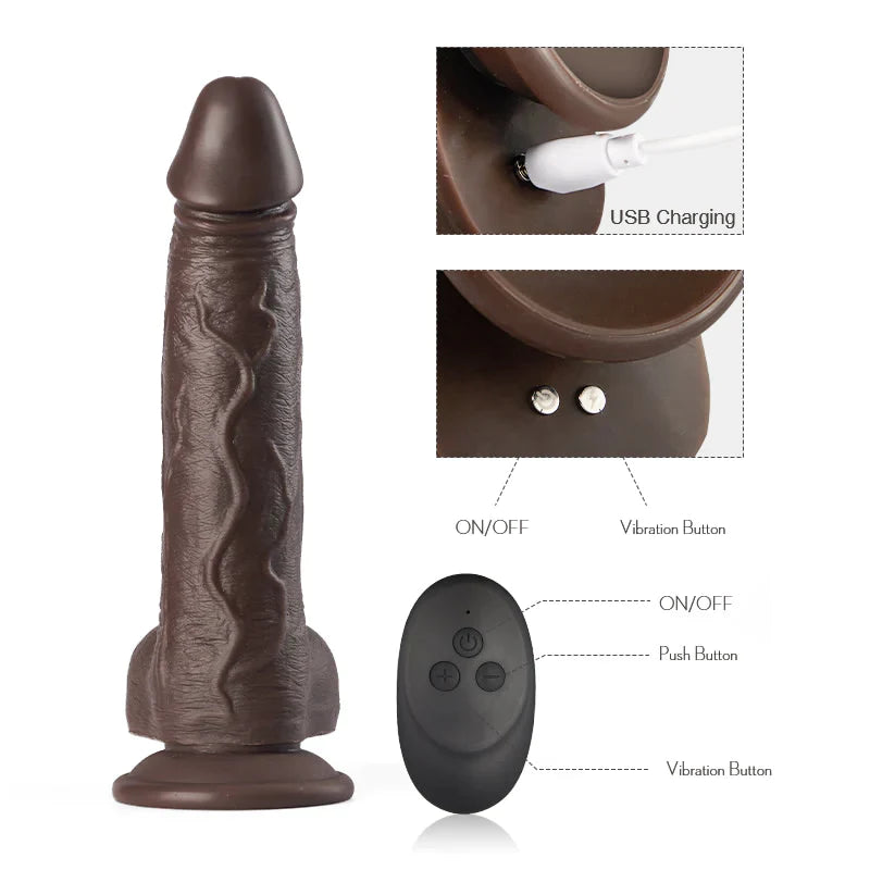 Black Warrior 8.7-Inch Remote Control 5 Thrusting 10 Vibrating Rotating Dildo in Dark Brown - OORGA